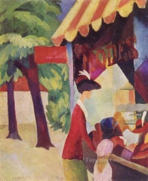August Macke Painting - A Woman With Red Jacket And Child Before The Hat Store August Macke